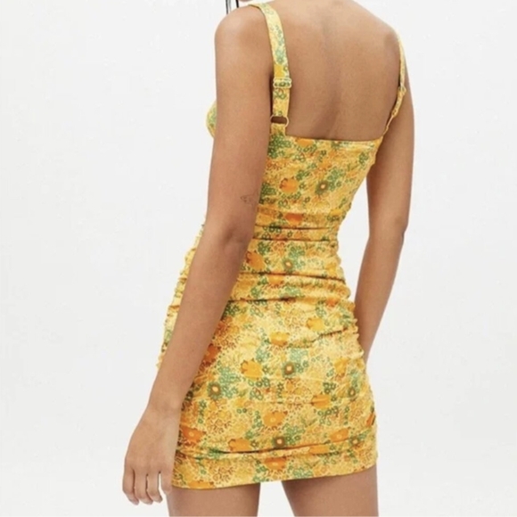 Urban Outfitters Claira Ruched Bodycon Square Neck Mini Dress Yellow & Orange- L - Picture 2 of 16